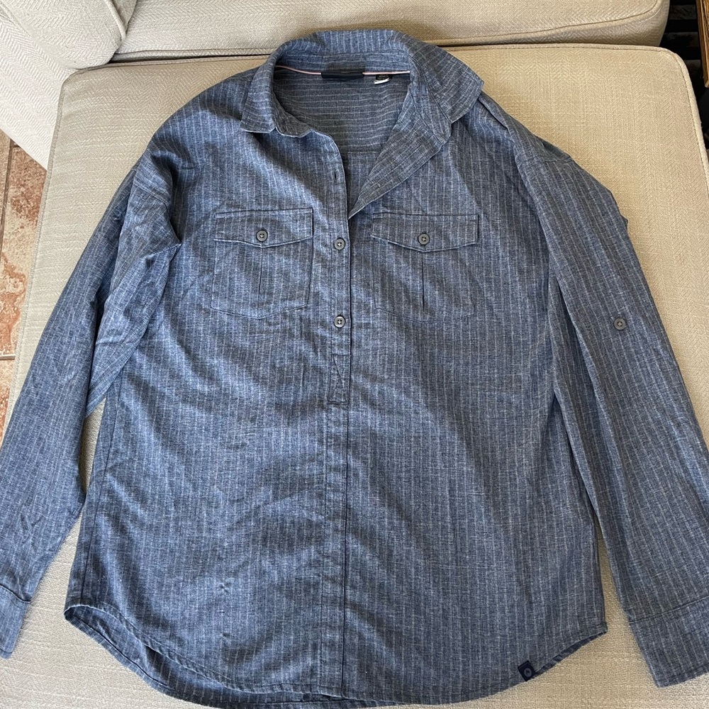 Marmot Shirt Womens Blue Stripe Becka Pullover 1/4 Button Long Sleeve Relaxed